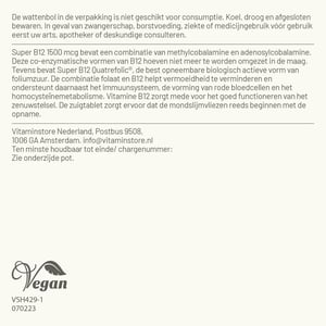 Vitaminstore Super vitamine B12 1500 mcg zuigtabletten met folaat afbeelding