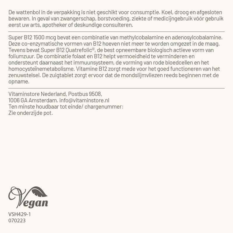 Vitaminstore Super vitamine B12 1500 mcg zuigtabletten met folaat afbeelding