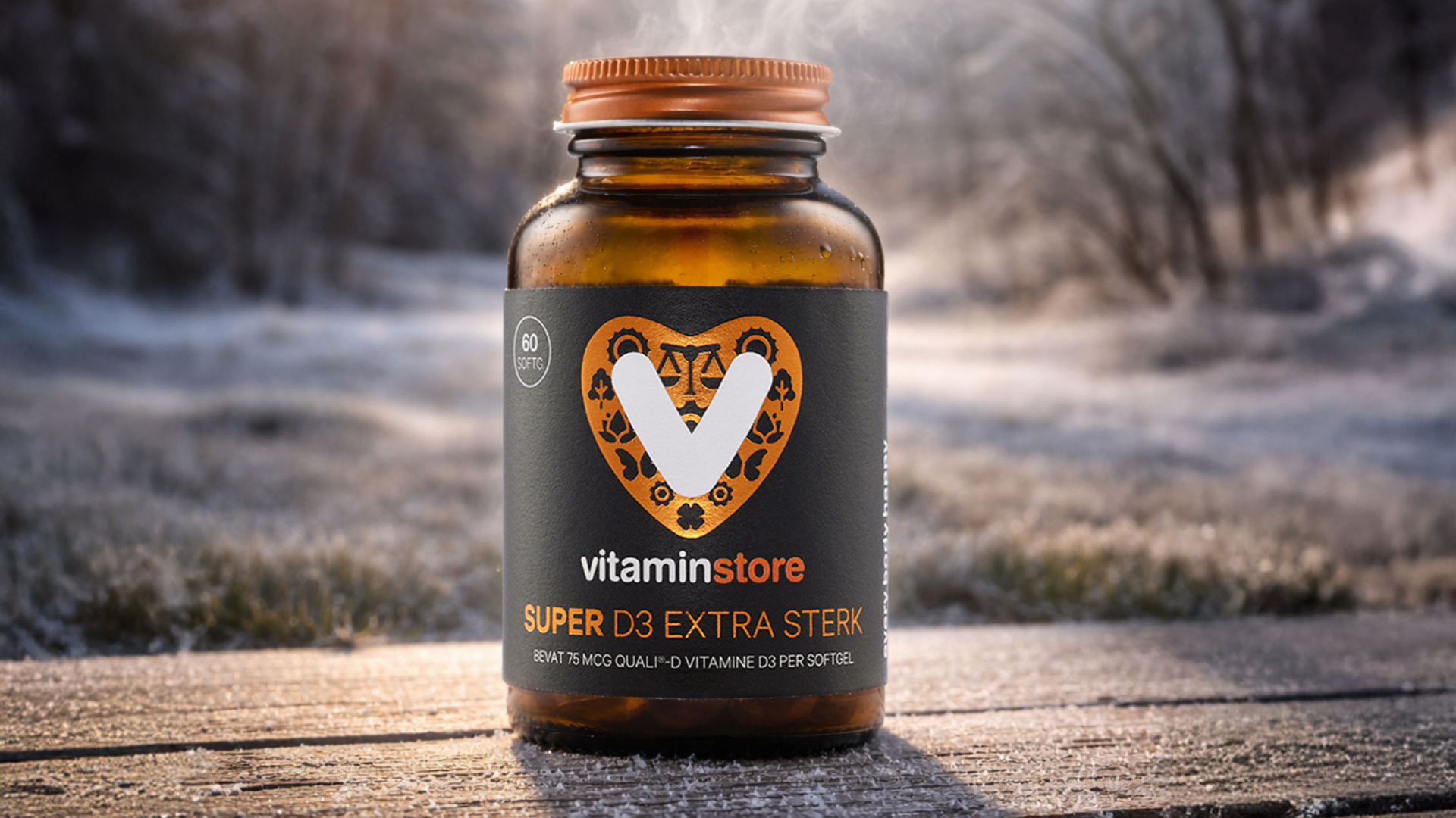photo of a vitamin d supplement in winter landscape