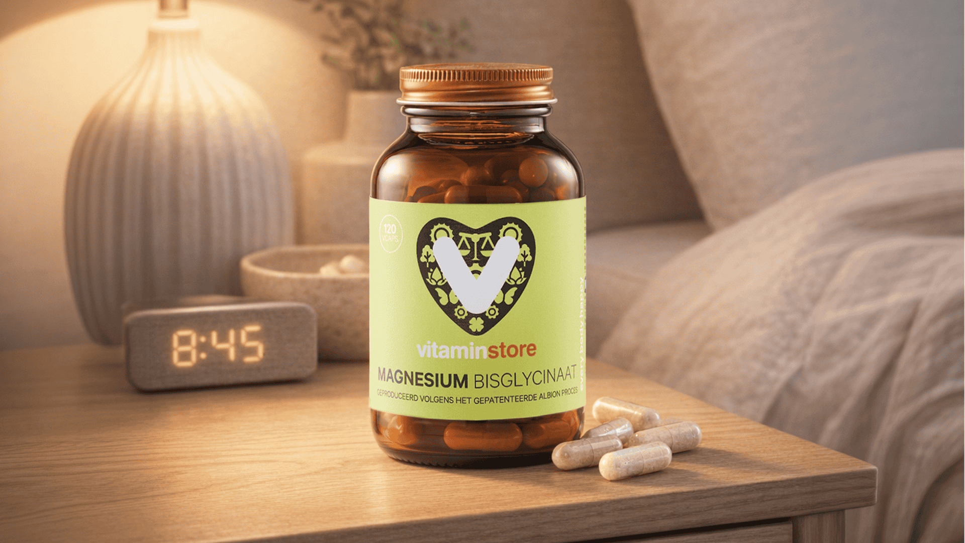 jar of magnesium bisglycinate on night stand with an alarm clock
